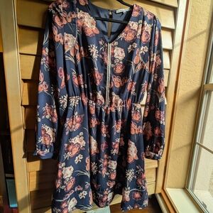 Collective Concepts Blue Pink V-Neck Bishop Sleeve Sundress